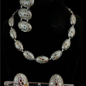 Vtg 1950’s Judy Lee Set Silver Snake Design Brilliant Color Austrian Crystals